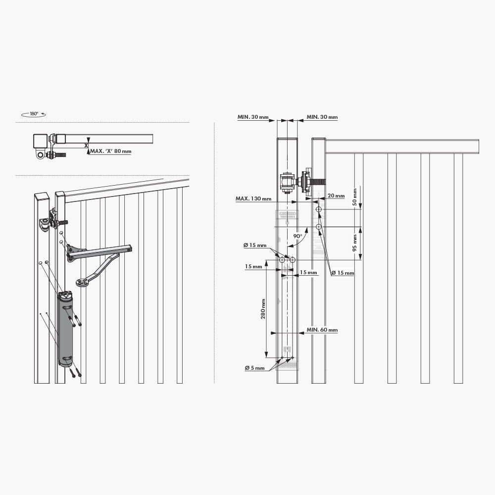 Verticlose-2 Hydraulic Gate Closer - 180 Degree Dimensions | Edgesmith