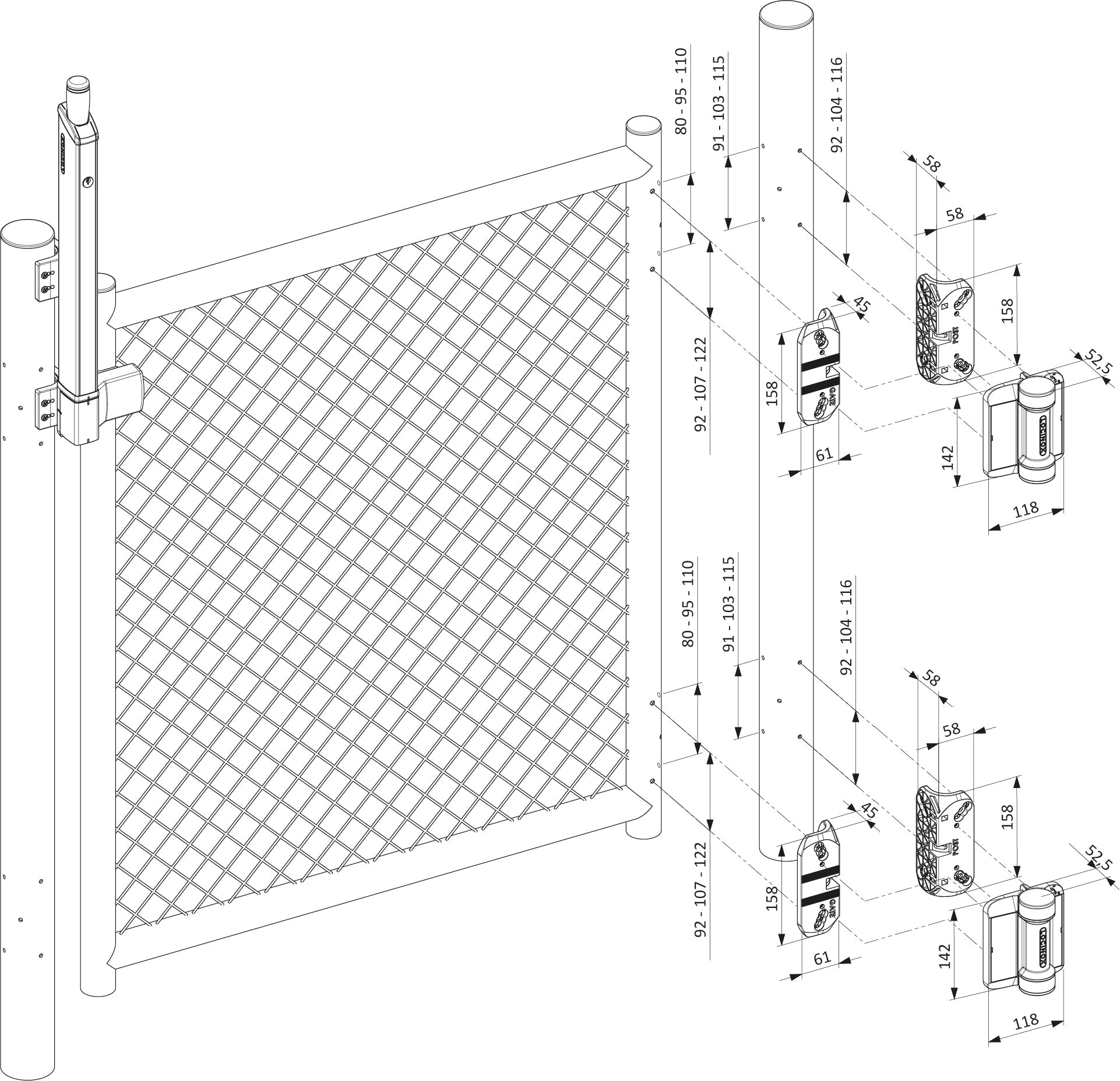 Caracal Hydraulic Hinge Round Post Adaptor - Dimensions | Edgesmith